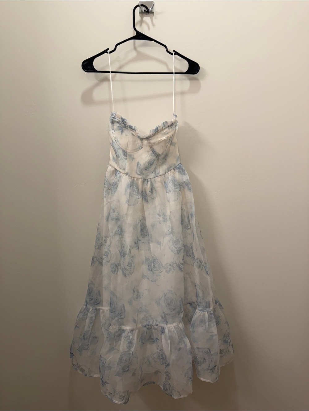 Storia White and Light Blue Floral Midi Dress with Spaghetti Straps